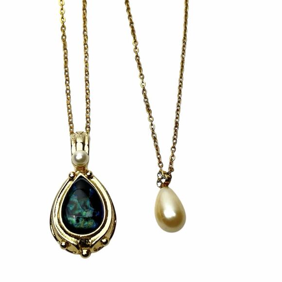 Necklaces Lot 2 Teardrop Pendants Blue Green Foil White Faux Pearl Gold Tone - Picture 2 of 9